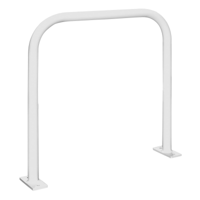 CITY-Anlehnbügel SPRINT, Rundrohr 48/2 mm, gebogen, ohne Knieholm, feuerverzinkt und in RAL 9016 verkehrsweiß beschichtet, zum Aufdübeln mit Bodenplatte (160 x 70 x 10 mm, 2 Bohrungen), Höhe: 800 mm, Breite: 800 mm
