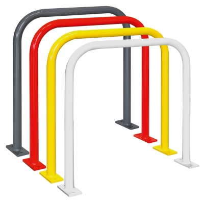 CITY-Anlehnbügel SPRINT, Rundrohr 48/2 mm, gebogen, ohne Knieholm, feuerverzinkt und in RAL 1023 verkehrsgelb beschichtet, zum Aufdübeln mit Bodenplatte (160 x 70 x 10 mm, 2 Bohrungen), Höhe: 800 mm, Breite: 800 mm