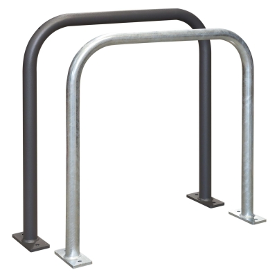 CITY-Anlehnbügel SPRINT, Rundrohr 48/2 mm, gebogen, ohne Knieholm, feuerverzinkt, zum Aufdübeln mit Bodenplatte (160 x 70 x 10 mm, 2 Bohrungen), Höhe: 800 mm, Breite: 800 mm